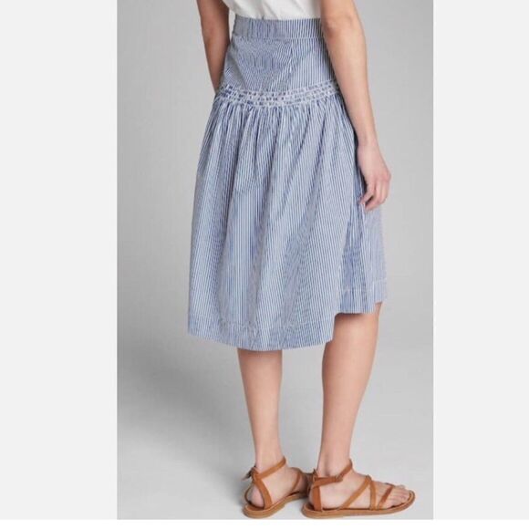 Gap Blue White Pinstripe Smock Waist Nautical Cotton Midi Skirt - Picture 2 of 16